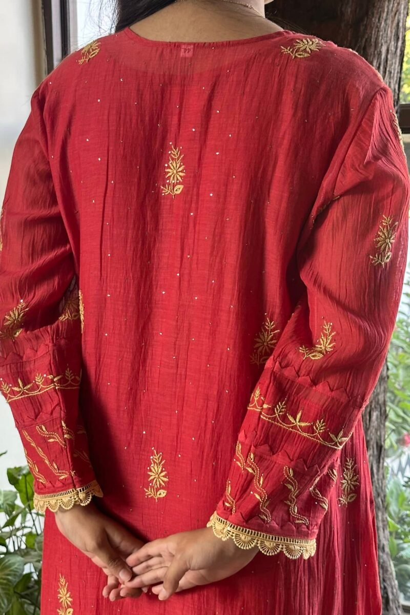 Malmal Mukaish Kamdani Chikankari Stitched Kurtas Dupatta Set