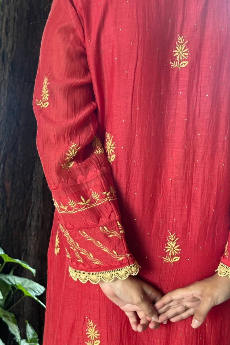 Malmal Mukaish Kamdani Chikankari Stitched Kurtas Dupatta Set