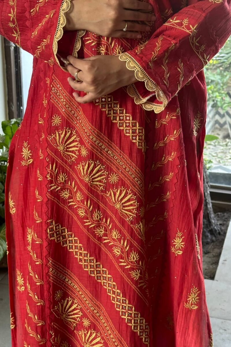 Malmal Mukaish Kamdani Chikankari Stitched Kurtas Dupatta Set