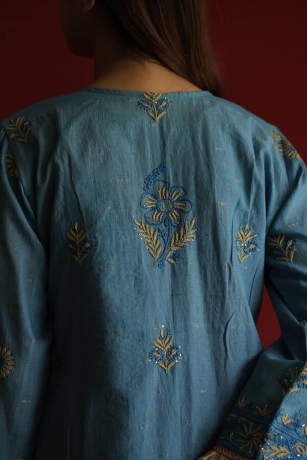 Marble Blue Jamdani Ready To Wear Kurta Dupatta Set - Image 8