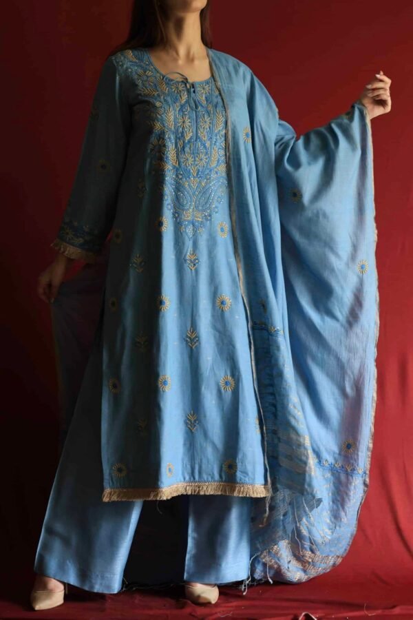 Marble Blue Jamdani Ready To Wear Kurta Dupatta Set - Image 5