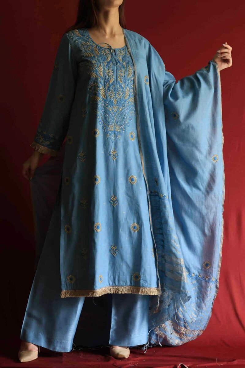 Marble Blue Jamdani Ready To Wear Kurta Dupatta Set