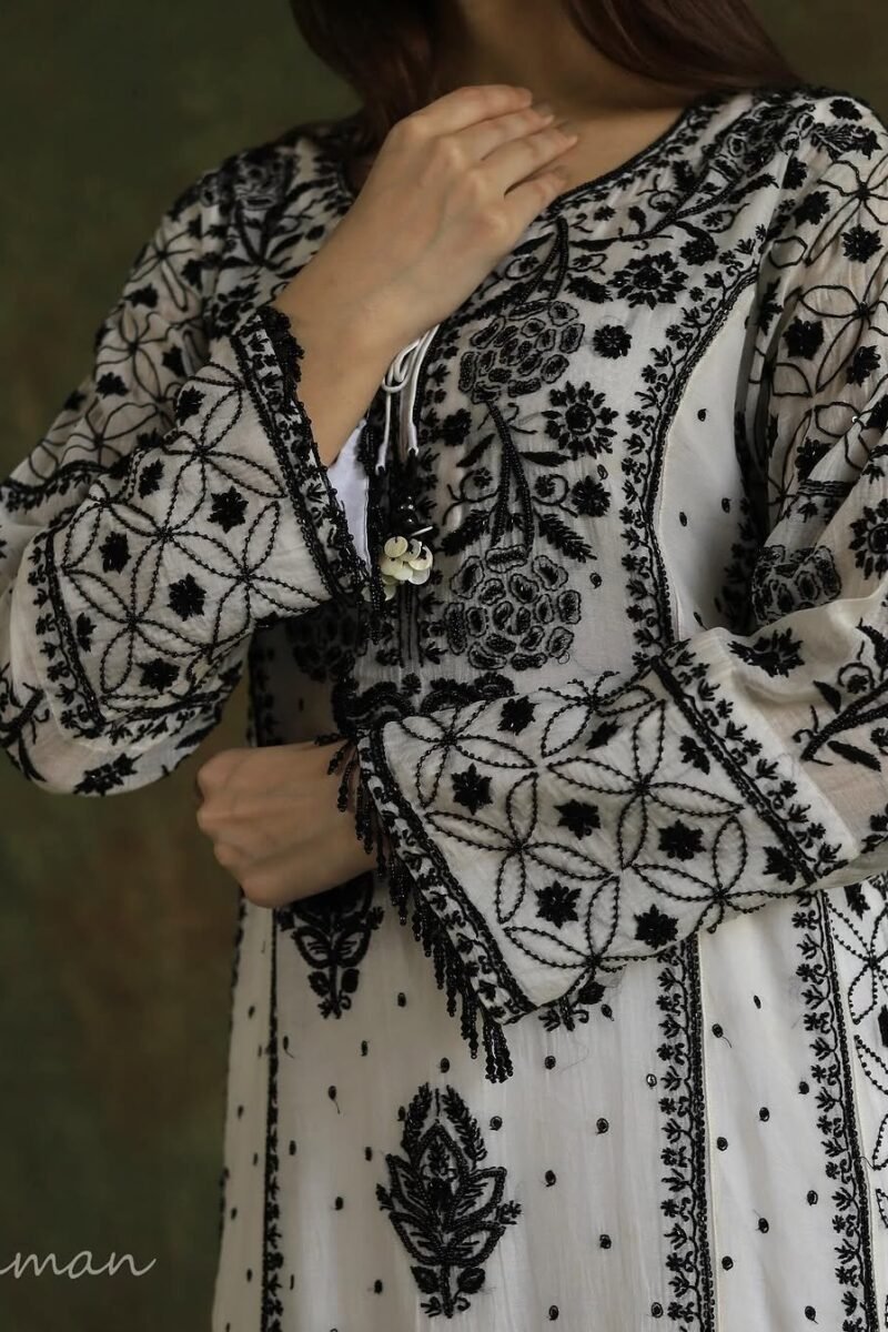 Monochrome Black & White Malmal Pearl Work Chikankari Anarkali With Dupatta