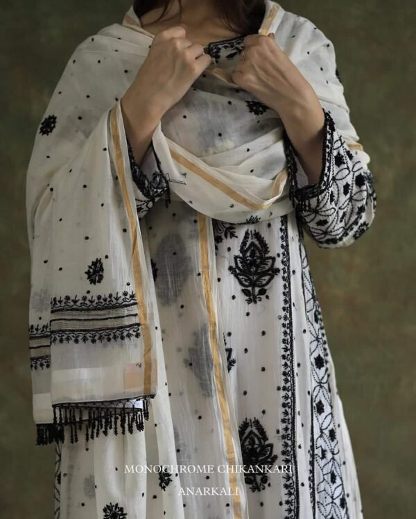Monochrome Black & White Malmal Pearl Work Chikankari Anarkali With Dupatta