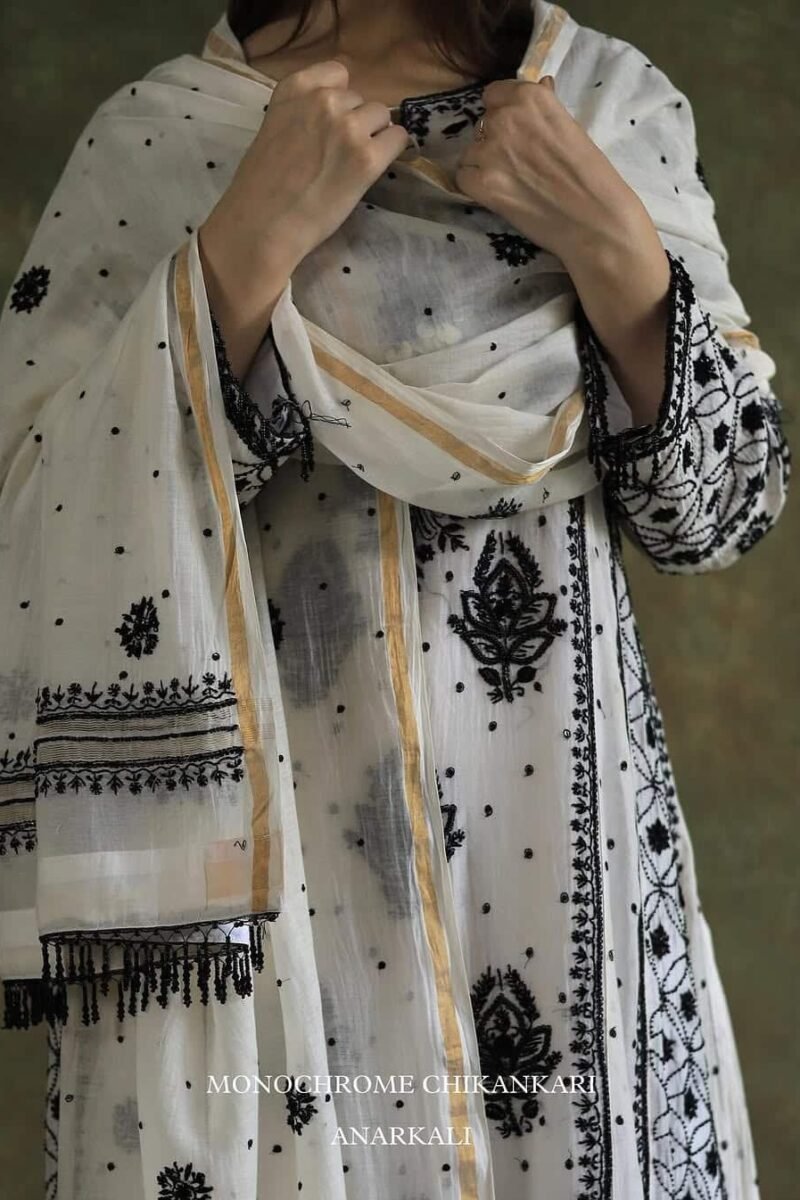 Monochrome Black & White Malmal Pearl Work Chikankari Anarkali With Dupatta