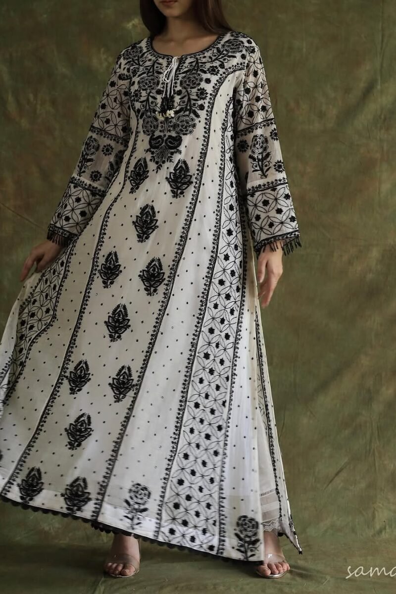 Monochrome Black & White Malmal Pearl Work Chikankari Anarkali With Dupatta