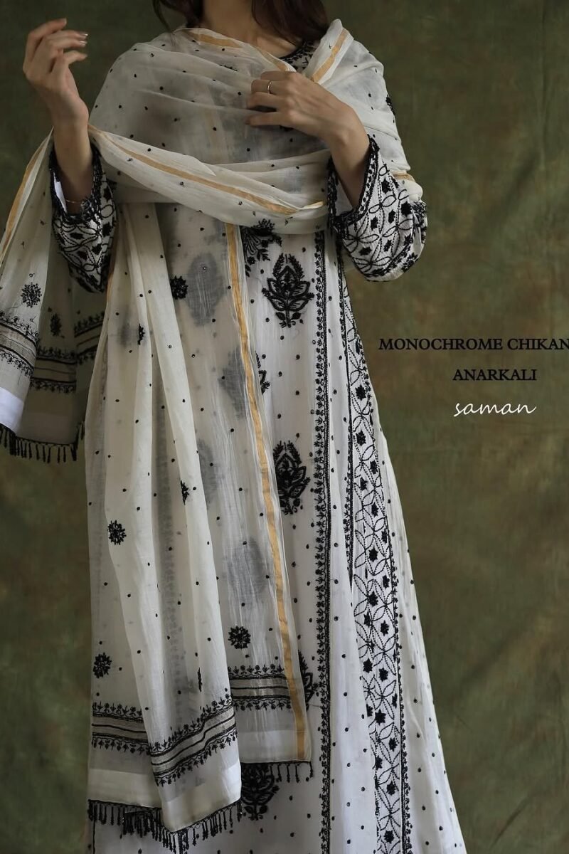 Monochrome Black & White Malmal Pearl Work Chikankari Anarkali With Dupatta