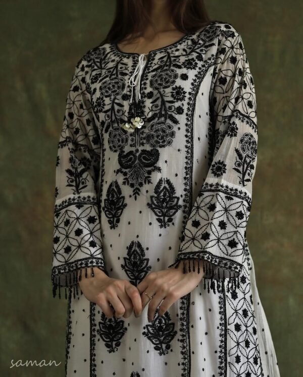 Monochrome Black & White Malmal Pearl Work Chikankari Anarkali With Dupatta - Image 7