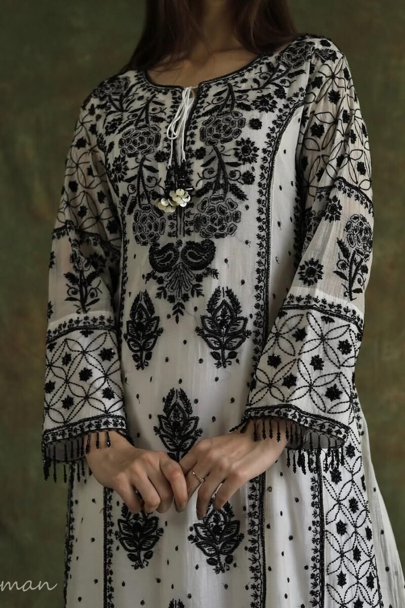 Monochrome Black & White Malmal Pearl Work Chikankari Anarkali With Dupatta