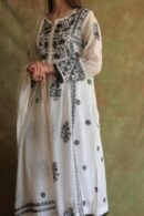 Monochrome Mul Chanderi Mukaish Kamdani Chikankari Stitched Kurta Dupatta Set