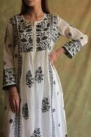 Monochrome Mul Chanderi Mukaish Kamdani Chikankari Stitched Kurta Dupatta Set