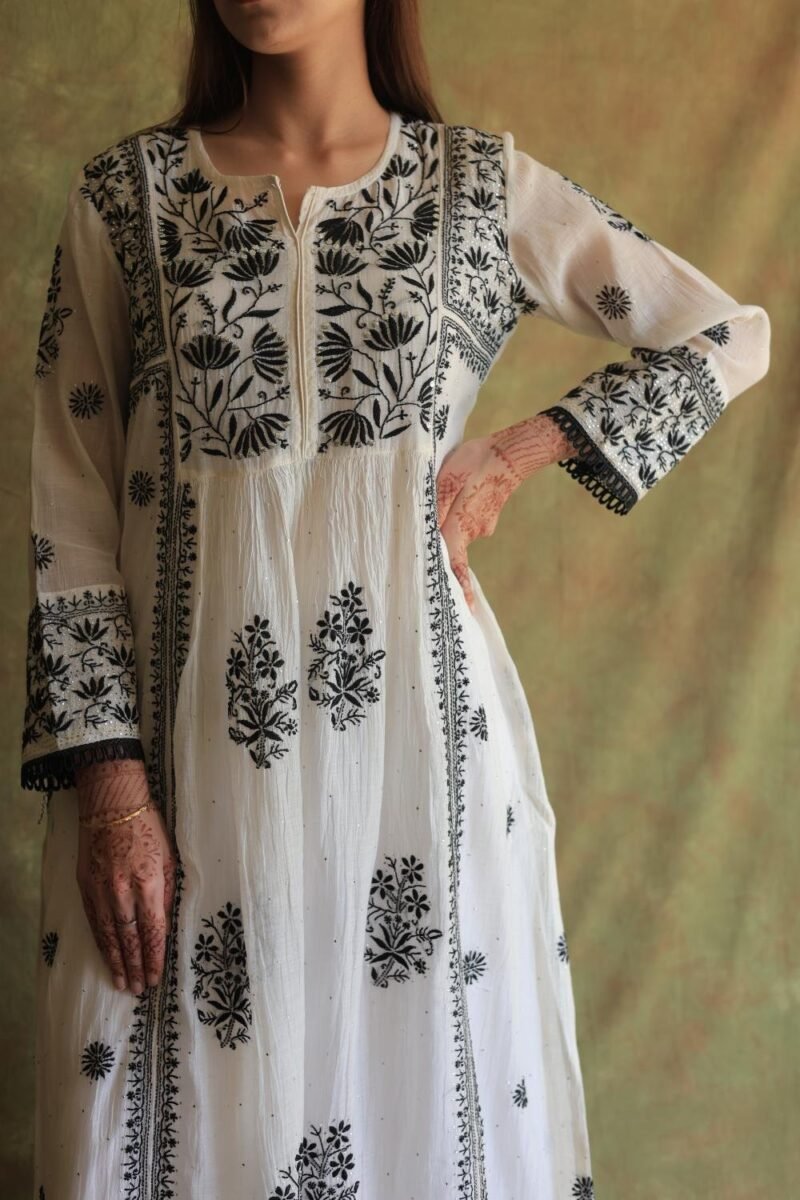 Monochrome Mul Chanderi Mukaish Kamdani Chikankari Stitched Kurta Dupatta Set