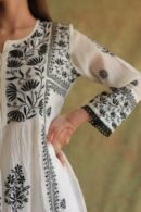 Monochrome Mul Chanderi Mukaish Kamdani Chikankari Stitched Kurta Dupatta Set
