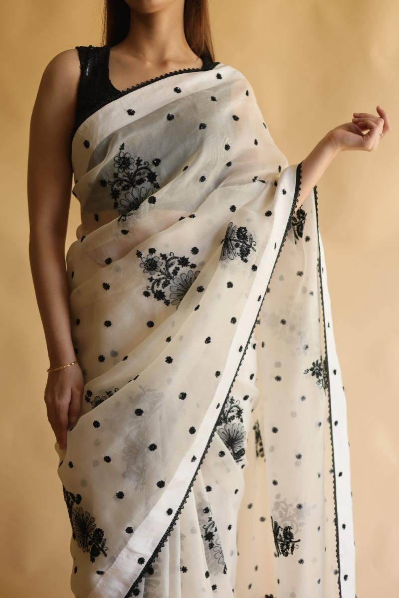 Monochrome Silk Organza Chikankari Saree With Sequins & Beads Work