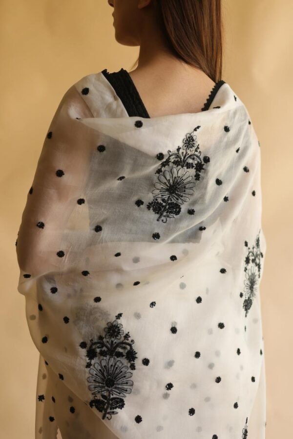 Monochrome Silk Organza Chikankari Saree With Sequins & Beads Work - Image 11