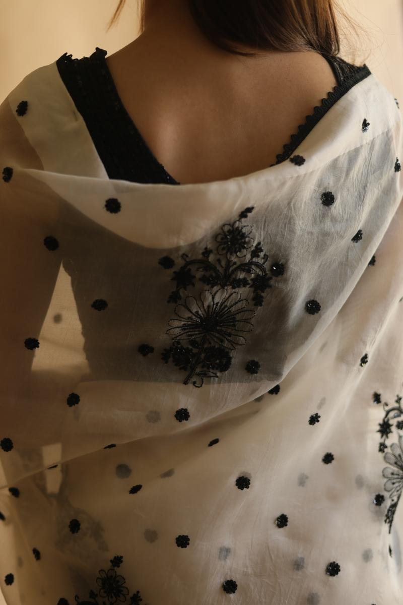 Monochrome Silk Organza Chikankari Saree With Sequins & Beads Work