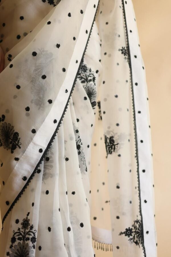 Monochrome Silk Organza Chikankari Saree With Sequins & Beads Work - Image 3