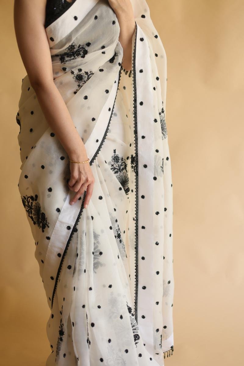 Monochrome Silk Organza Chikankari Saree With Sequins & Beads Work