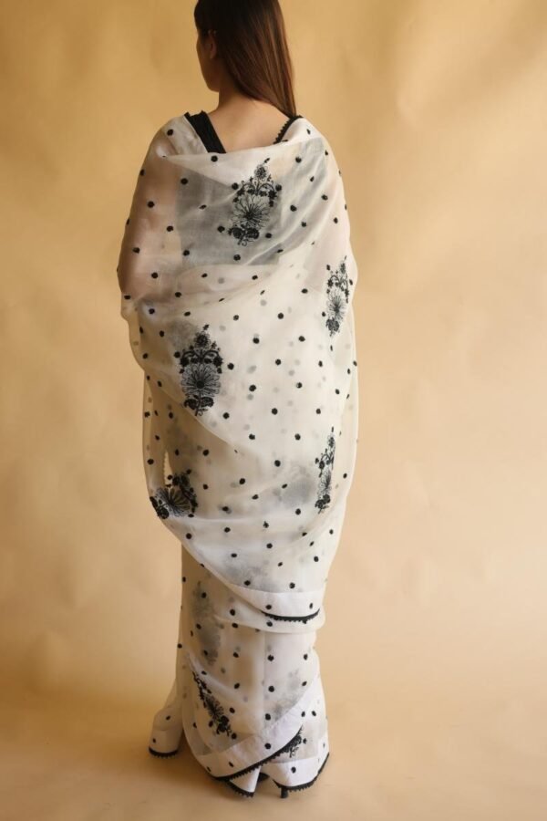 Monochrome Silk Organza Chikankari Saree With Sequins & Beads Work - Image 10