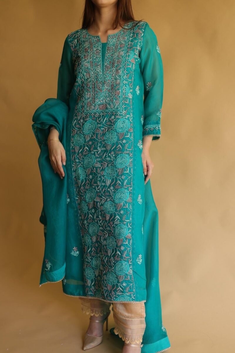 Teal Green Noor Organza Silk Chikankari With Mukaish Kamdani Work Kurta Dupatta Set
