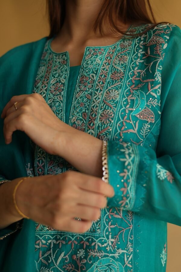 Teal Green Noor Organza Silk Chikankari With Mukaish Kamdani Work Kurta Dupatta Set - Image 2