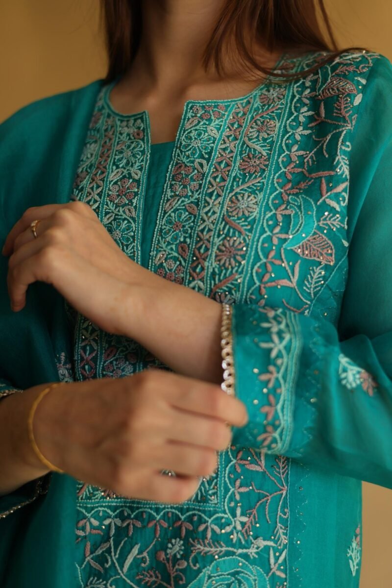 Teal Green Noor Organza Silk Chikankari With Mukaish Kamdani Work Kurta Dupatta Set