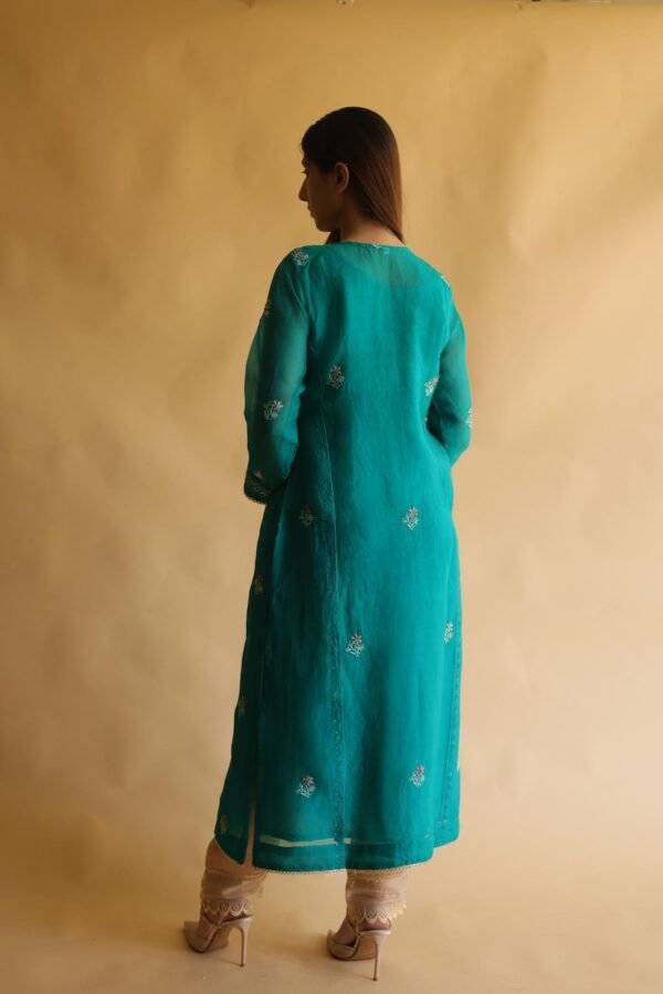 Teal Green Noor Organza Silk Chikankari With Mukaish Kamdani Work Kurta Dupatta Set - Image 10