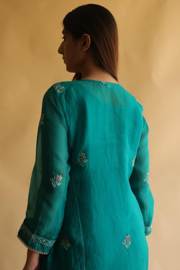 Teal Green Noor Organza Silk Chikankari With Mukaish Kamdani Work Kurta Dupatta Set - Image 9