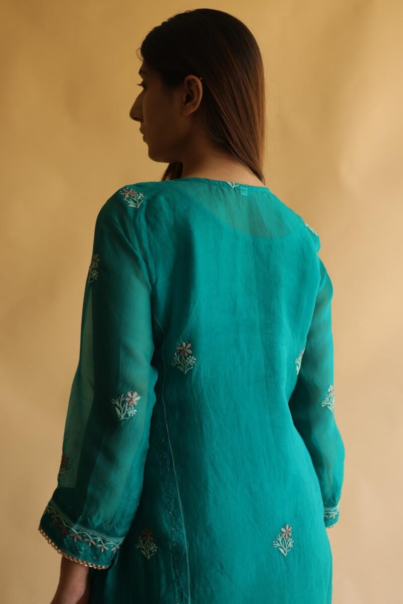 Teal Green Noor Organza Silk Chikankari With Mukaish Kamdani Work Kurta Dupatta Set