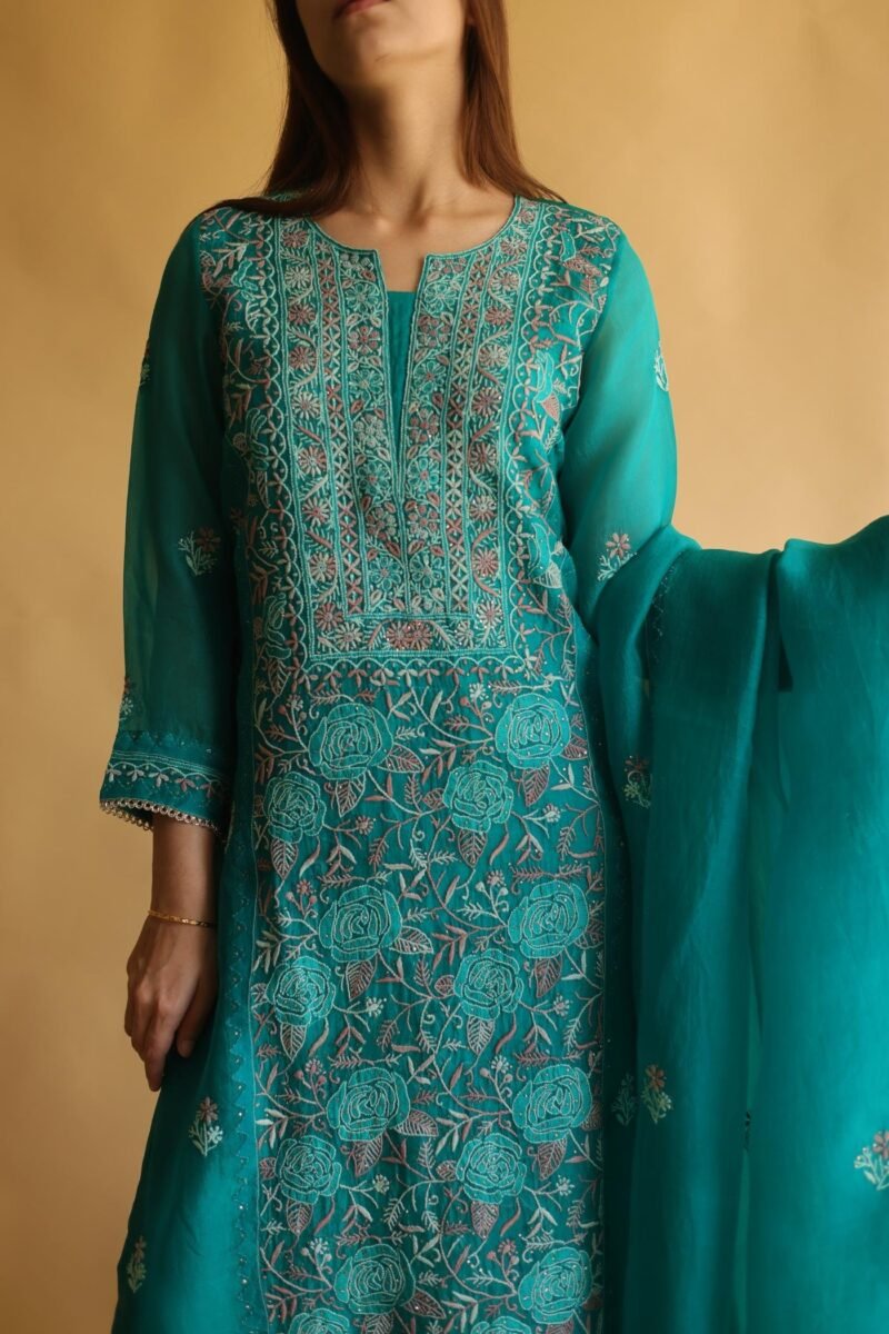 Teal Green Noor Organza Silk Chikankari With Mukaish Kamdani Work Kurta Dupatta Set