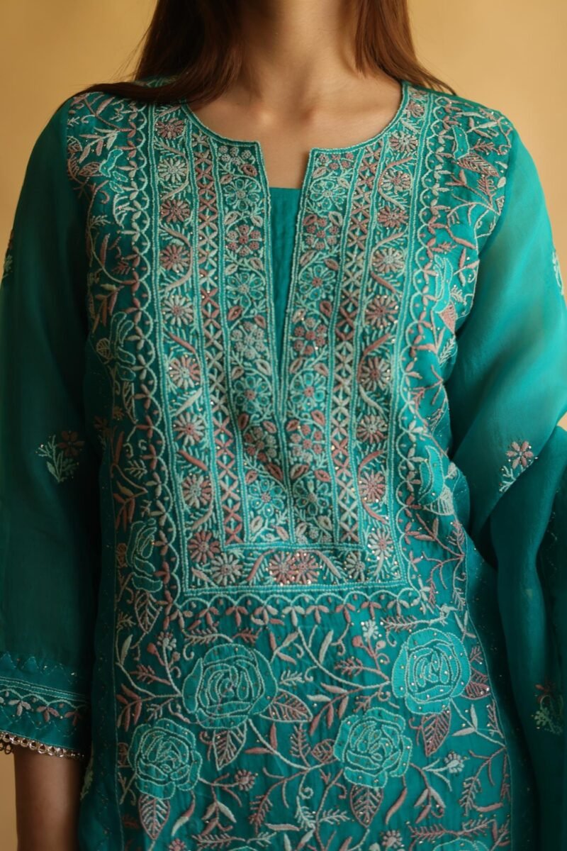 Teal Green Noor Organza Silk Chikankari With Mukaish Kamdani Work Kurta Dupatta Set