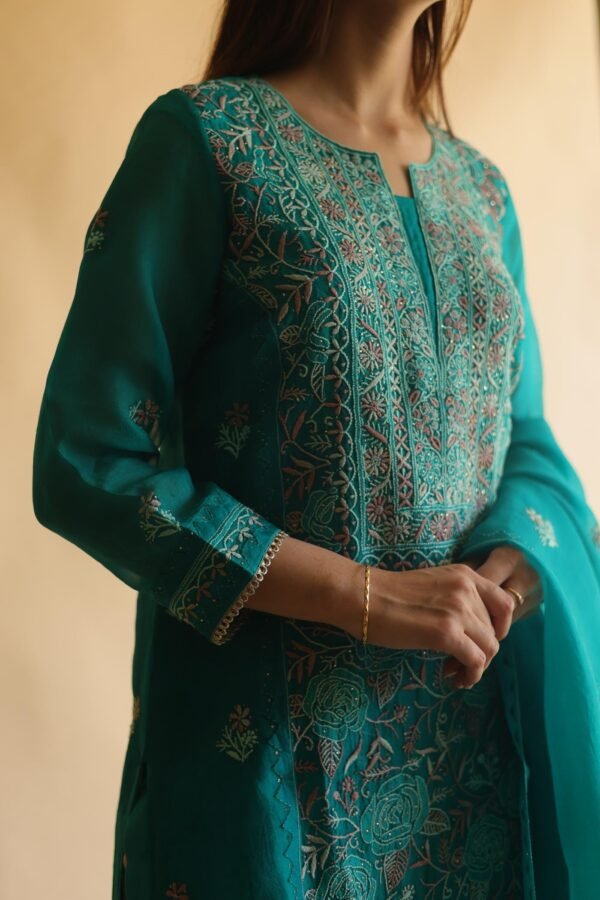 Teal Green Noor Organza Silk Chikankari With Mukaish Kamdani Work Kurta Dupatta Set - Image 5