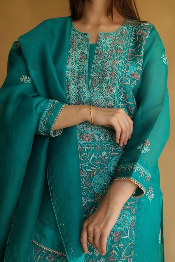 Teal Green Noor Organza Silk Chikankari With Mukaish Kamdani Work Kurta Dupatta Set