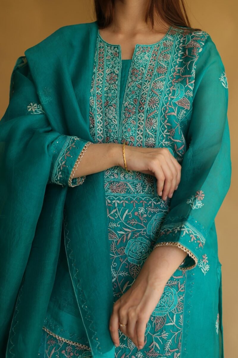 Teal Green Noor Organza Silk Chikankari With Mukaish Kamdani Work Kurta Dupatta Set