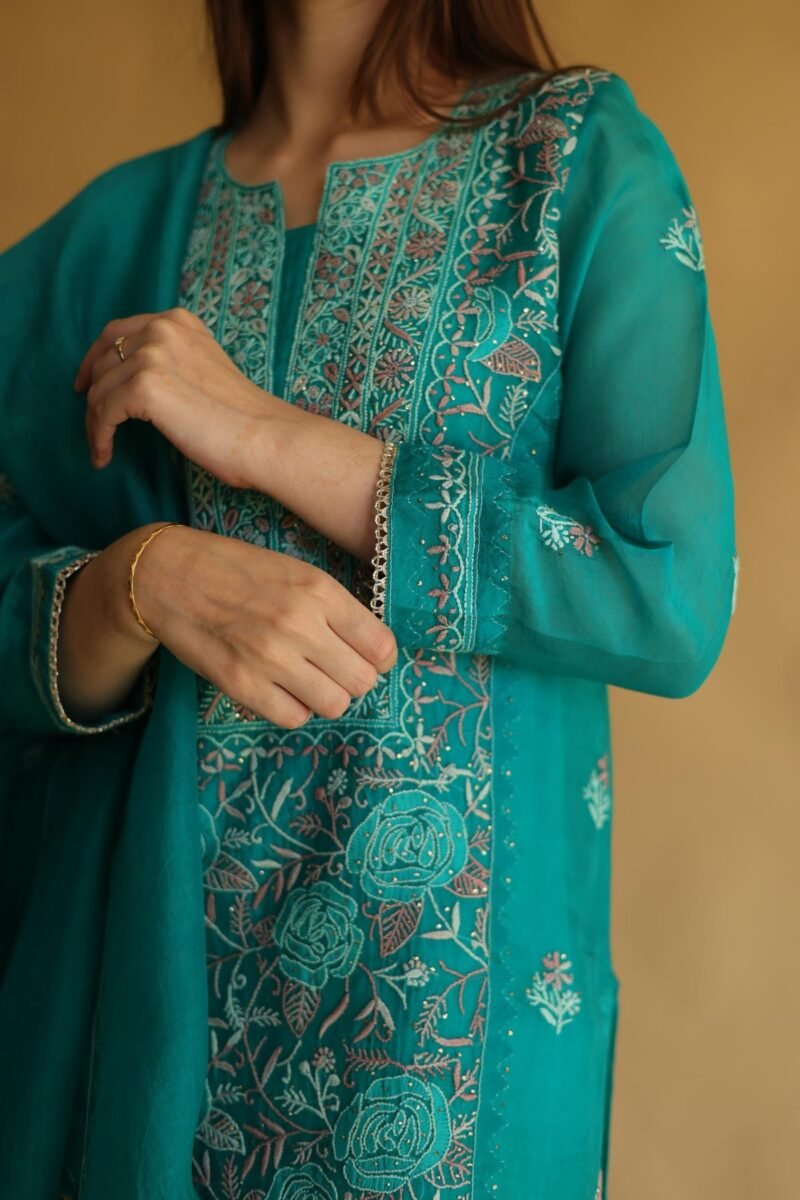 Teal Green Noor Organza Silk Chikankari With Mukaish Kamdani Work Kurta Dupatta Set