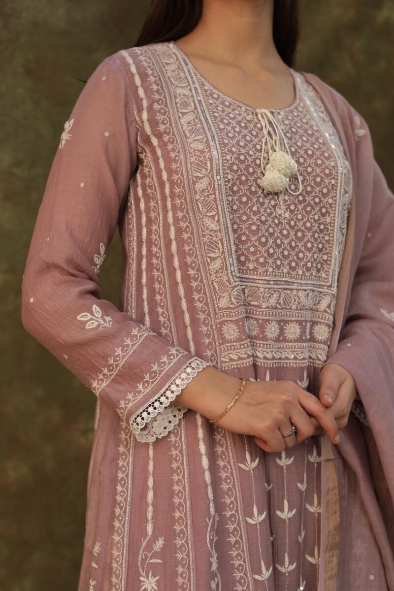 Light Mauve Mulmul Pearl White Chikankari Ready To Wear Kurta Dupatta Set