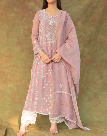 Light Mauve Mulmul Pearl White Chikankari Ready To Wear Kurta Dupatta Set