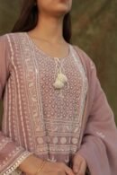 Light Mauve Mulmul Pearl White Chikankari Ready To Wear Kurta Dupatta Set