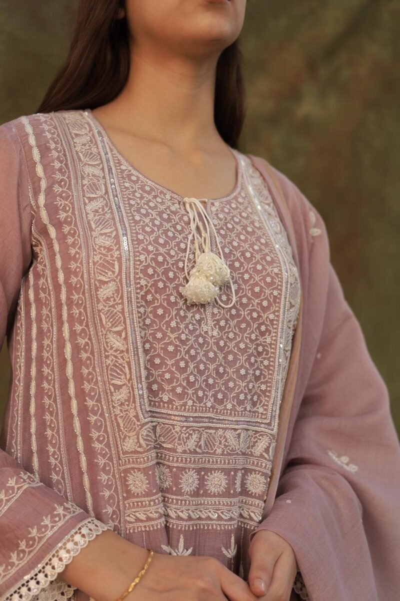 Light Mauve Mulmul Pearl White Chikankari Ready To Wear Kurta Dupatta Set