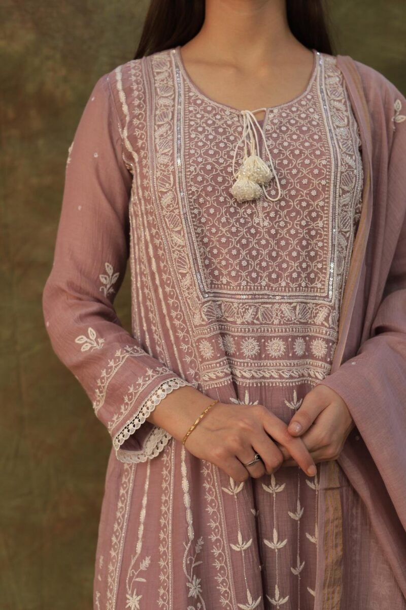 Light Mauve Mulmul Pearl White Chikankari Ready To Wear Kurta Dupatta Set