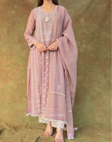 Light Mauve Mulmul Pearl White Chikankari Ready To Wear Kurta Dupatta Set
