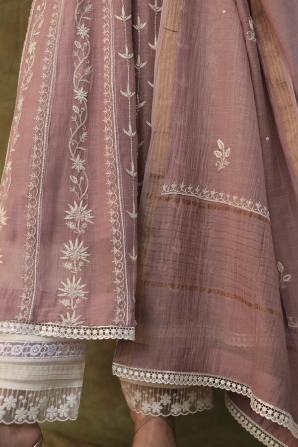 Light Mauve Mulmul Pearl White Chikankari Ready To Wear Kurta Dupatta Set - Image 5