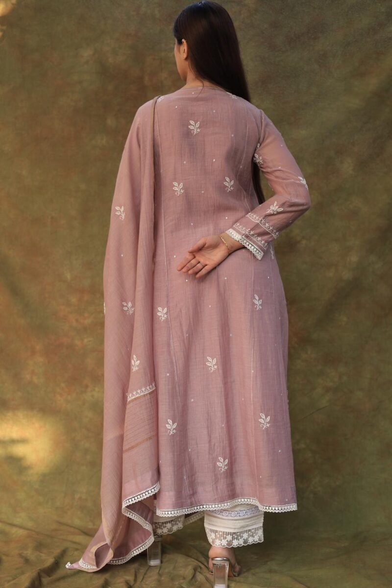 Light Mauve Mulmul Pearl White Chikankari Ready To Wear Kurta Dupatta Set