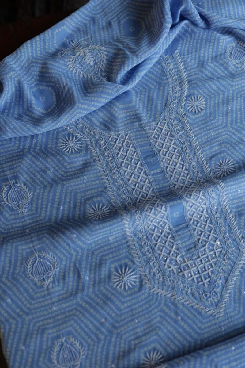 Sky Blue Muslin Chikankari Unstitched Kurta Fabrics