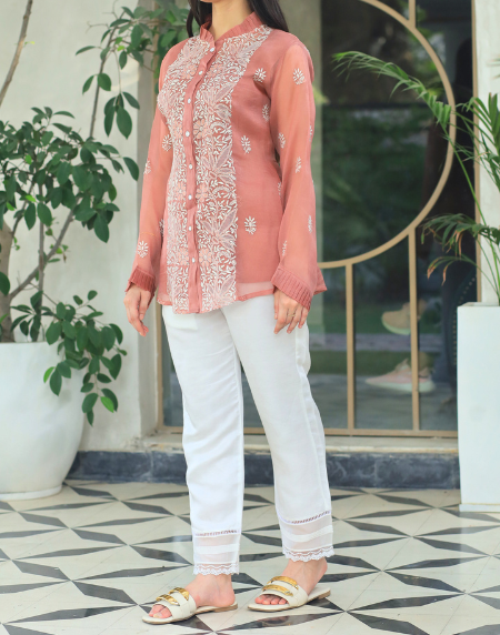 Noor Organza Chikankari Frill Collar Ready To Wear Short Top