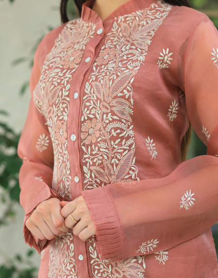 Noor Organza Chikankari Frill Collar Ready To Wear Short Top