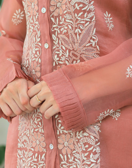 Noor Organza Chikankari Frill Collar Ready To Wear Short Top