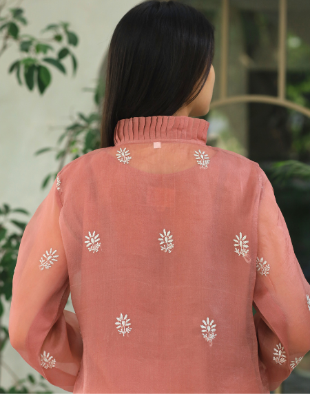 Noor Organza Chikankari Frill Collar Ready To Wear Short Top