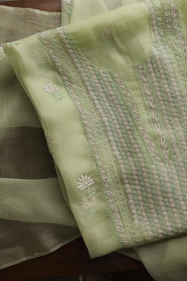 Noor Organza Silk Chikankari Mukaish Kamdani Unstitched Fabric - Image 2