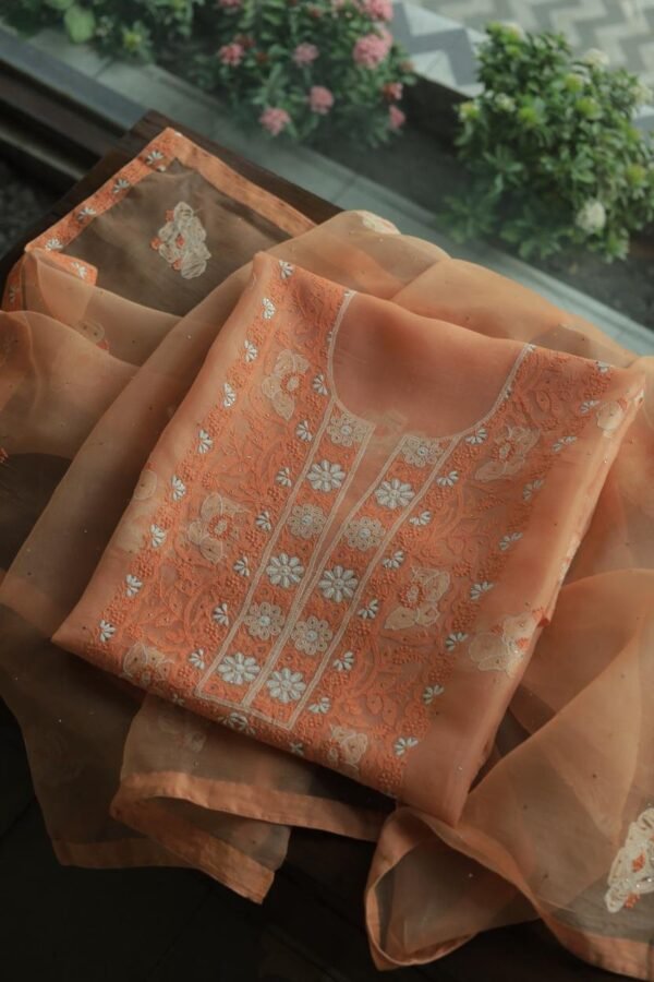Noor Organza Silk Chikankari Mukaish Kamdani Unstitched Fabric - Image 3